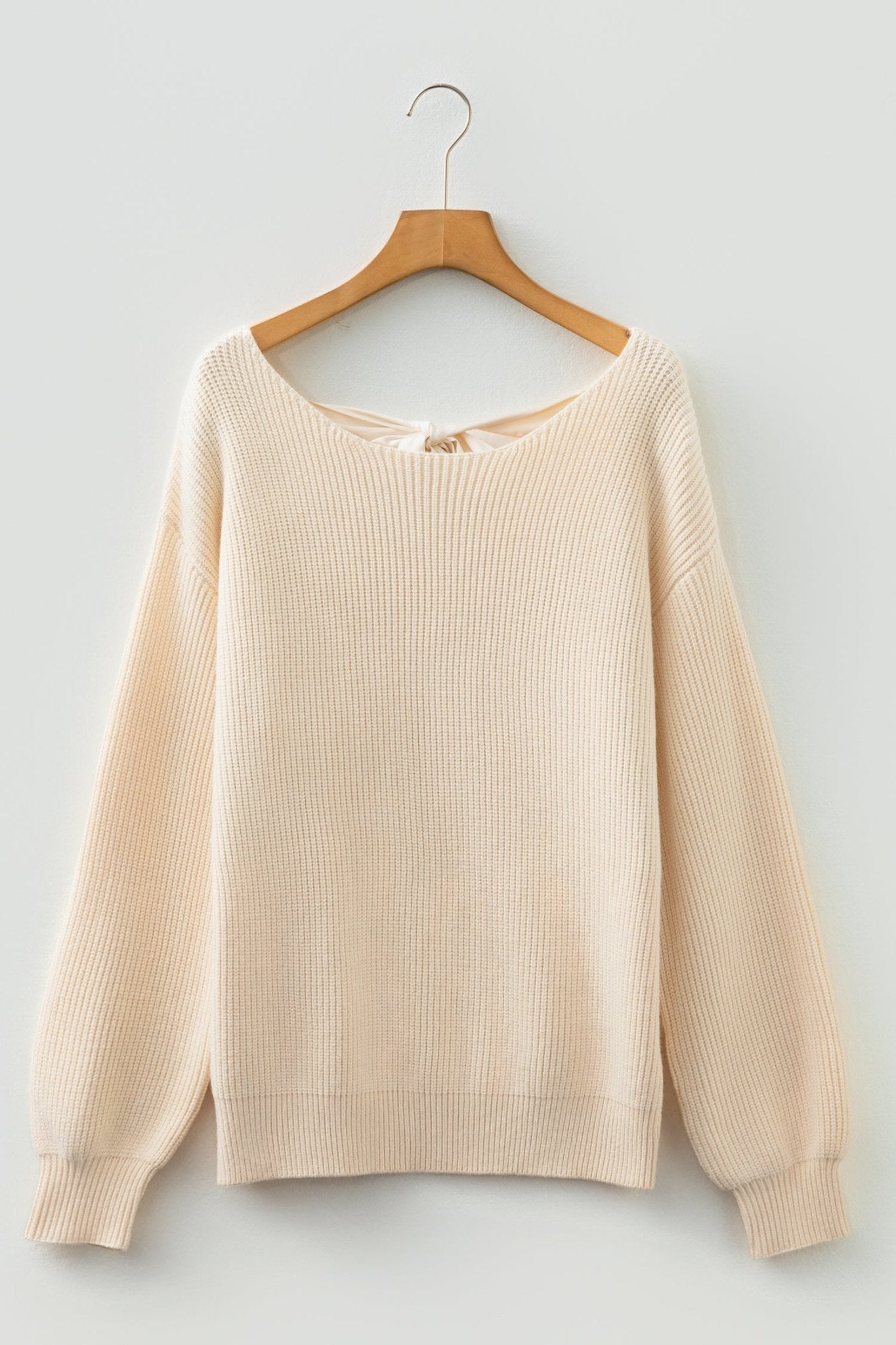 Jet Stream Ribbed Knit Ribbon Knot Backless Drop Shoulder Sweater - MAD RUFFI