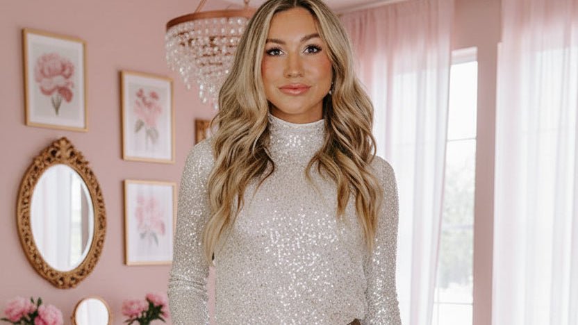 Jet Stream Sequin Mock Neck Drape Backless Bell Sleeve Top - MAD RUFFI