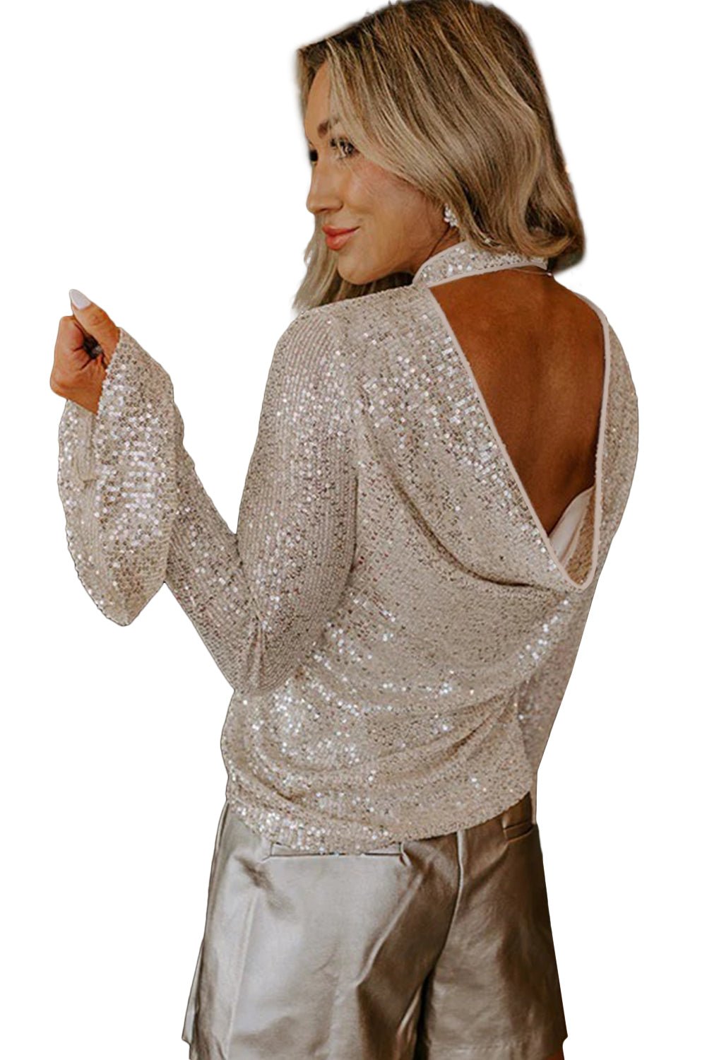 Jet Stream Sequin Mock Neck Drape Backless Bell Sleeve Top - MAD RUFFI