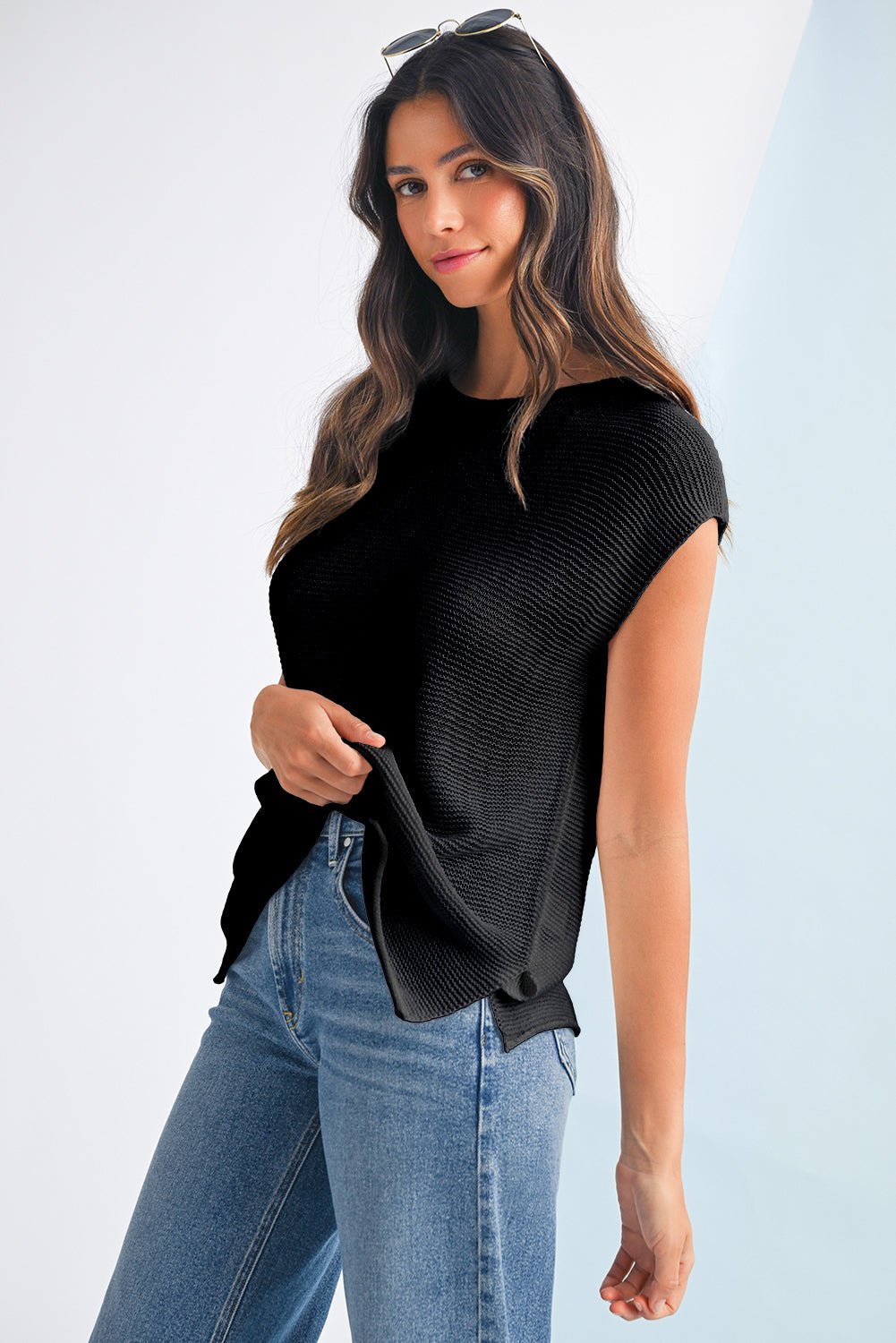 Jet Stream Solid Color Side Slits Sweater Tee - MAD RUFFI