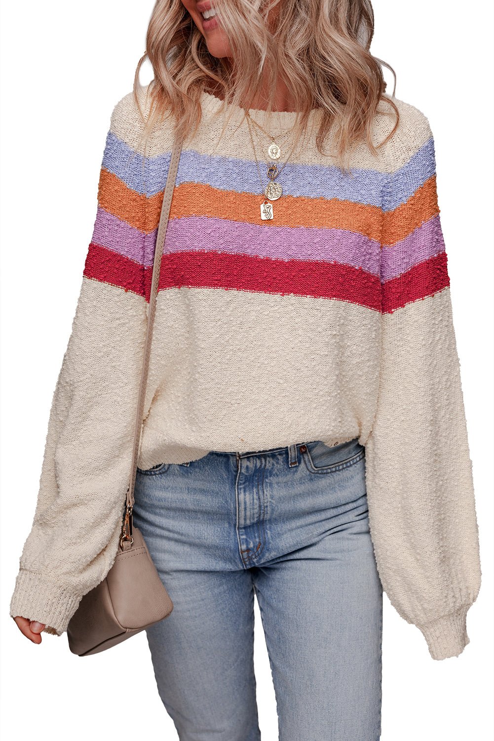 Jet Stream Striped Colorblock Drop Shoulder Textured Sweater - MAD RUFFI