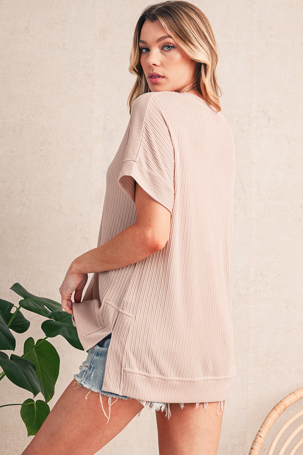 Jet Stream Textured Side Slits Short Sleeve Top - MAD RUFFI