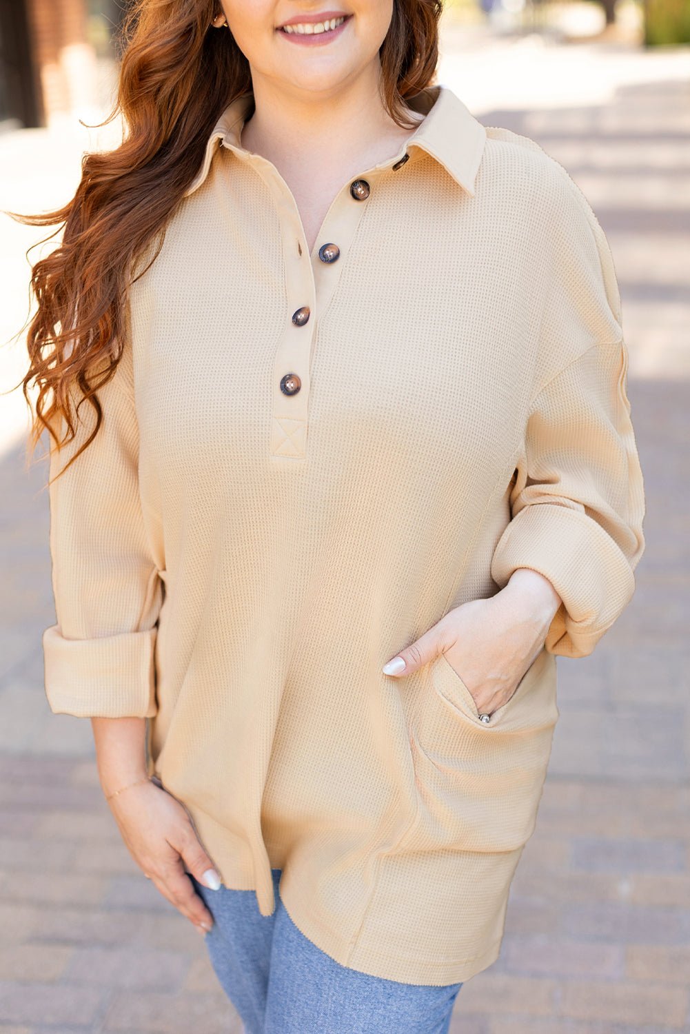 Jet Stream Waffle Patchwork Side Pockets Henley Collared Plus Size Top - MAD RUFFI