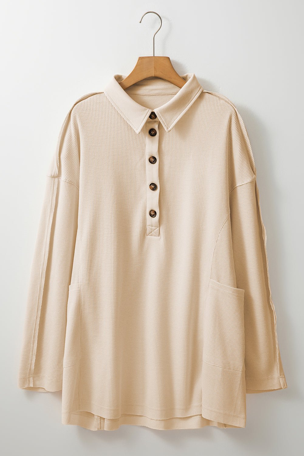 Jet Stream Waffle Patchwork Side Pockets Henley Collared Plus Size Top - MAD RUFFI