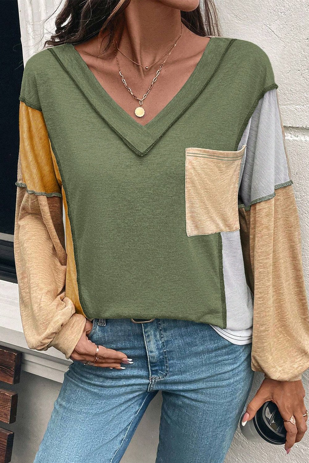 Jungle Green Exposed Stitching Colorblock V Neck Long Sleeve Top - MAD RUFFI
