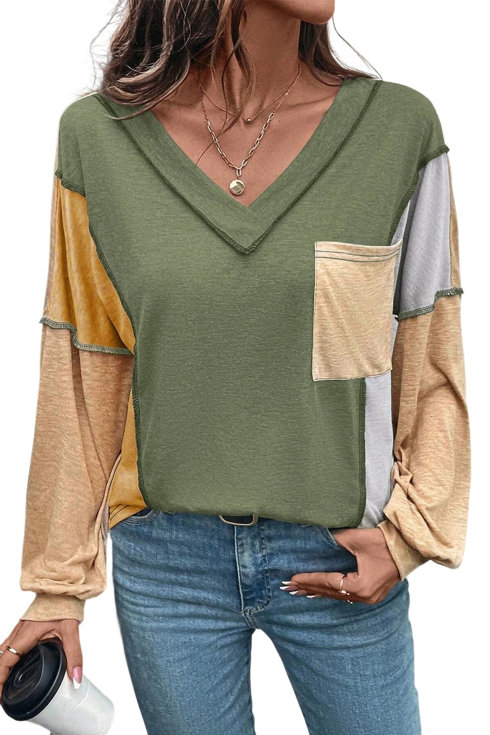 Jungle Green Exposed Stitching Colorblock V Neck Long Sleeve Top - MAD RUFFI