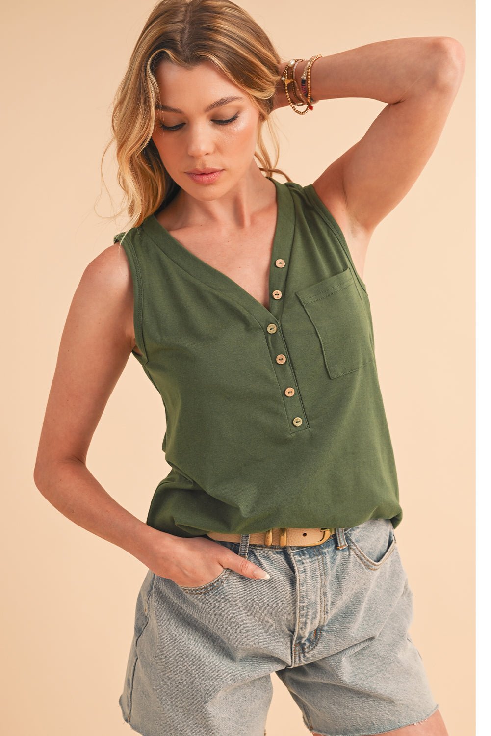Jungle Green Half Button V Neck Patched Pocket Tank Top - MAD RUFFI