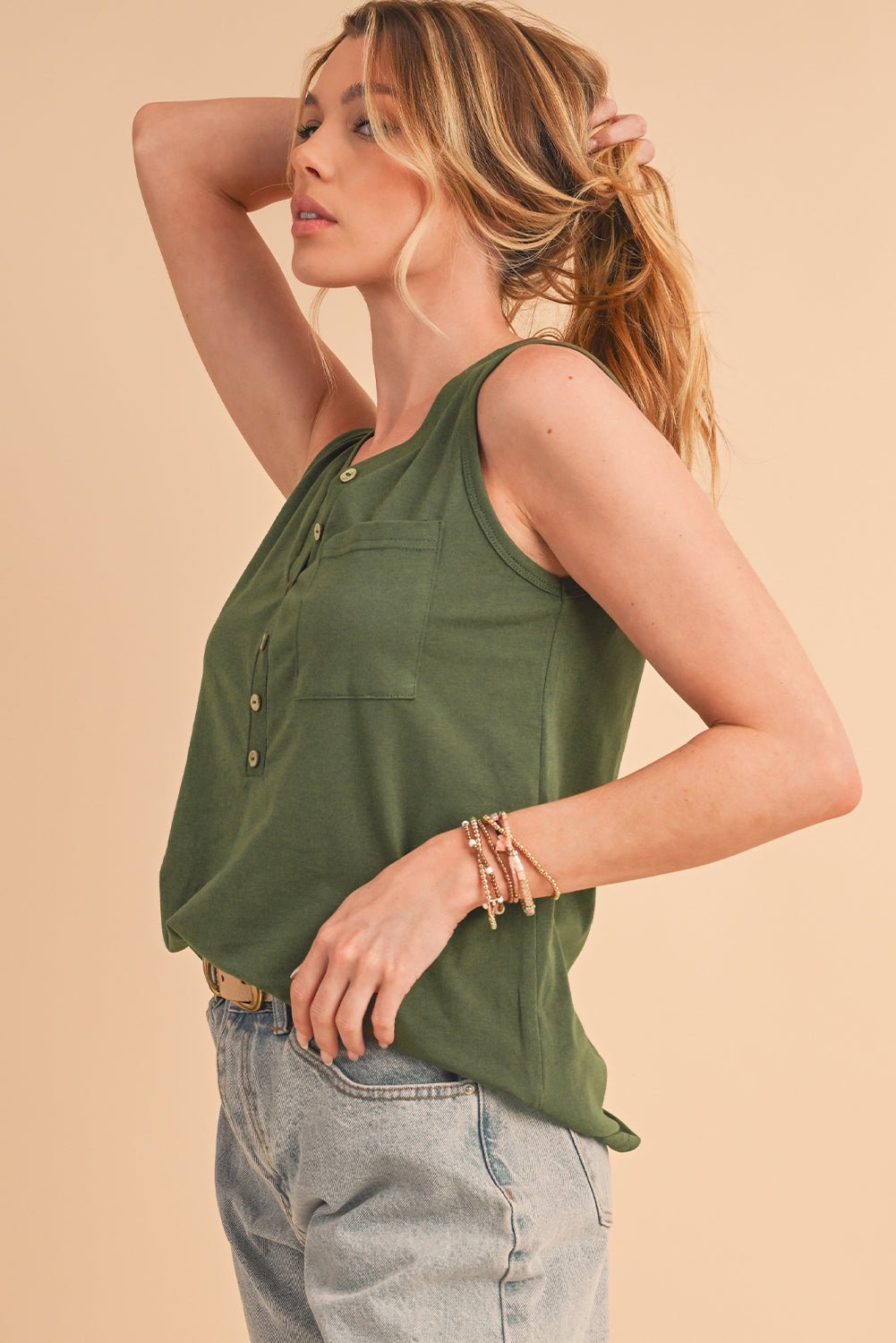 Jungle Green Half Button V Neck Patched Pocket Tank Top - MAD RUFFI