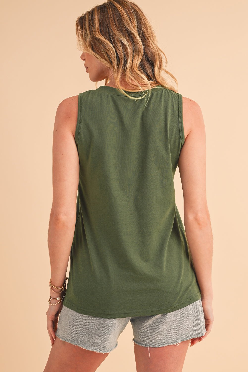 Jungle Green Half Button V Neck Patched Pocket Tank Top - MAD RUFFI