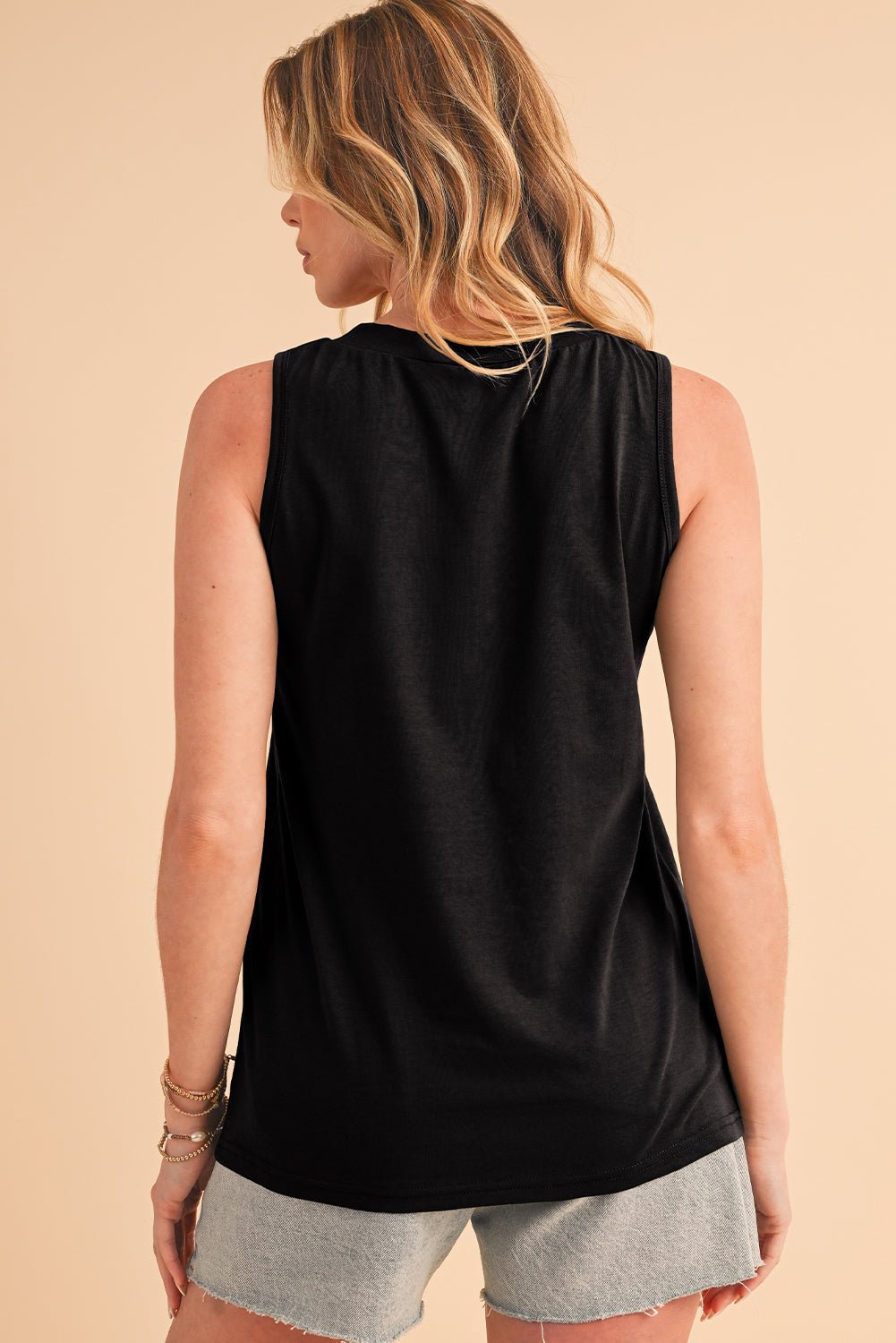 Jungle Green Half Button V Neck Patched Pocket Tank Top - MAD RUFFI