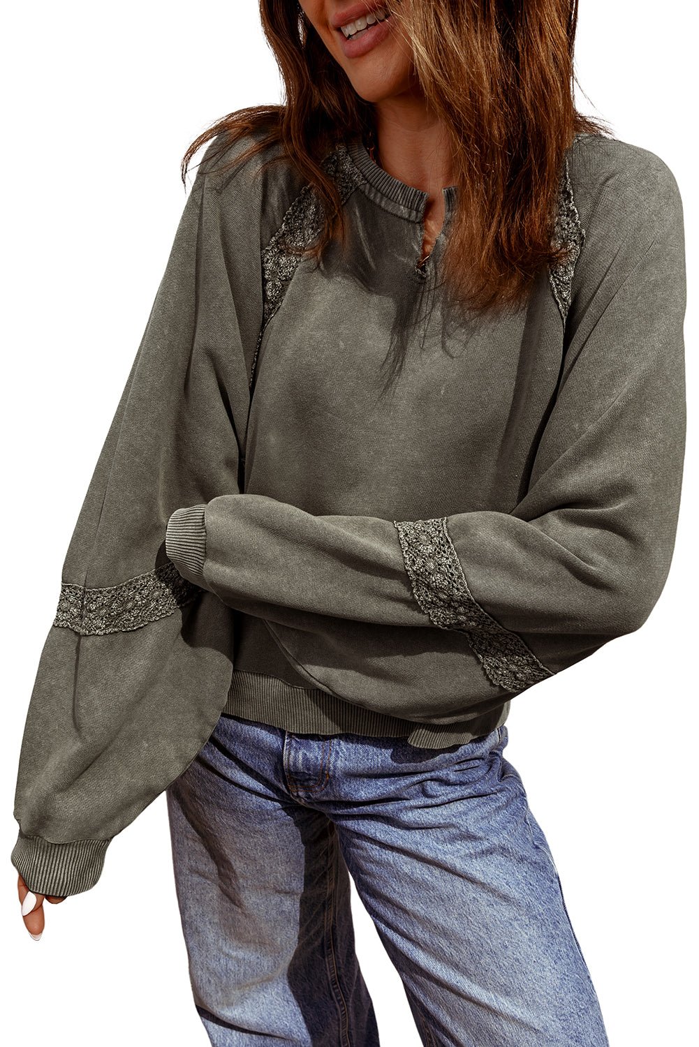 Jungle Green Lace Applique Notched Neck Mineral Wash Baggy Sweatshirt - MAD RUFFI