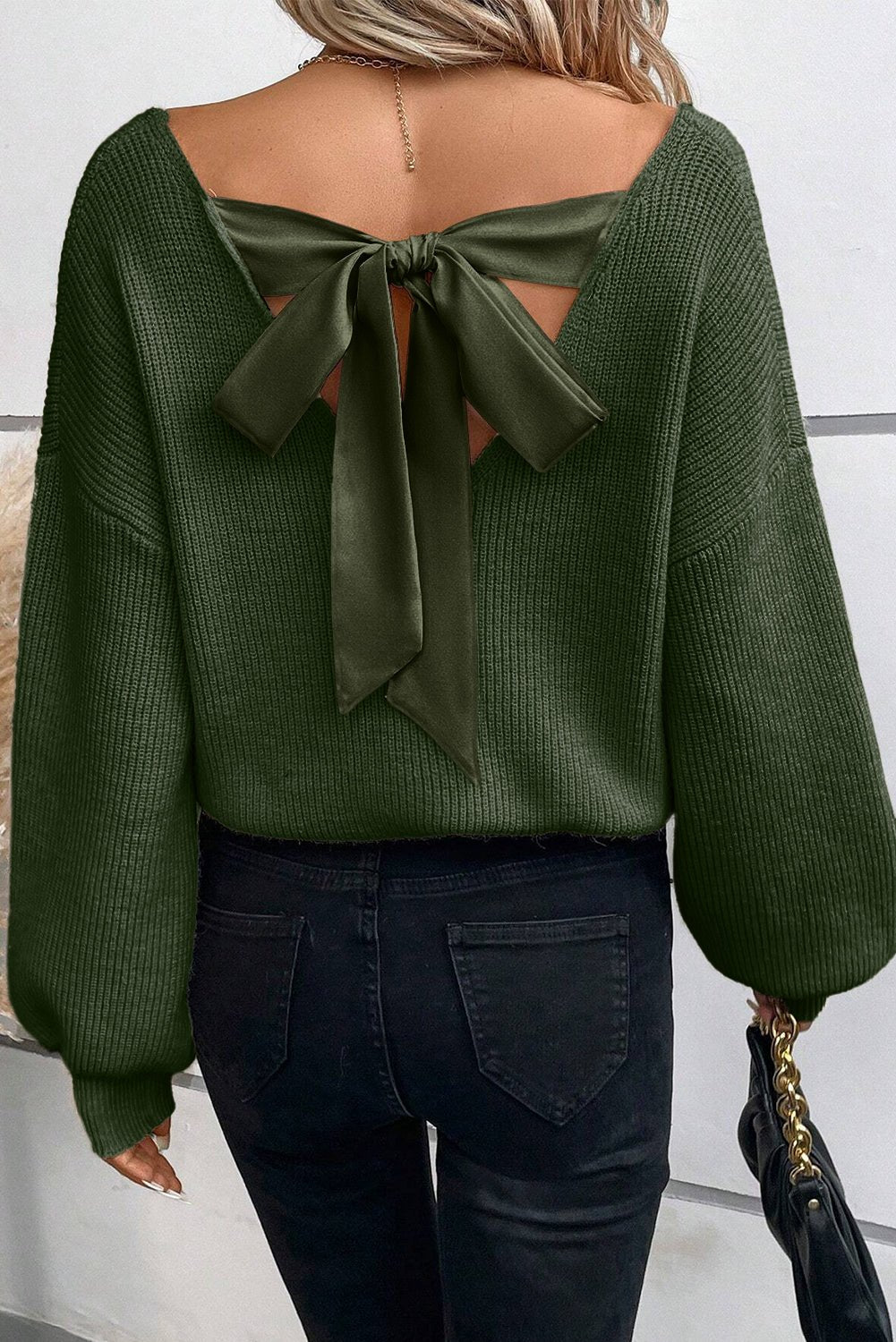 Jungle Green Lantern Sleeve V Neck Knot Back Sweater - MAD RUFFI