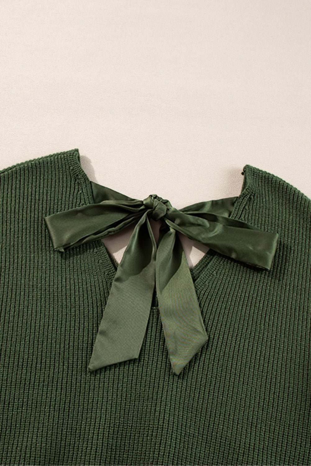 Jungle Green Lantern Sleeve V Neck Knot Back Sweater - MAD RUFFI