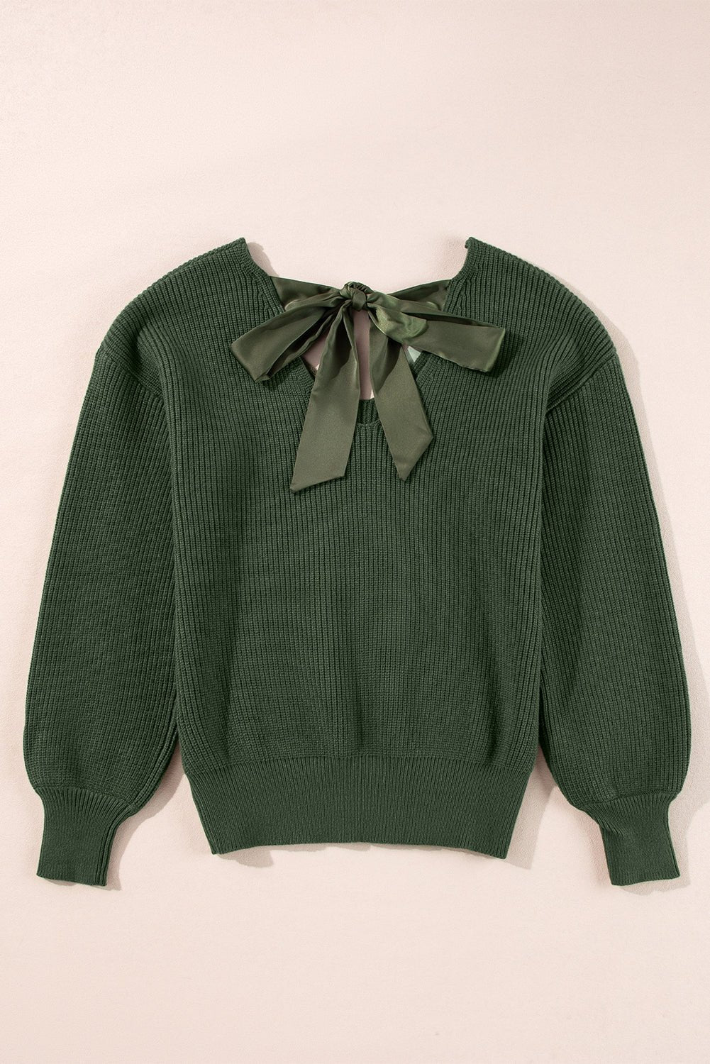 Jungle Green Lantern Sleeve V Neck Knot Back Sweater - MAD RUFFI