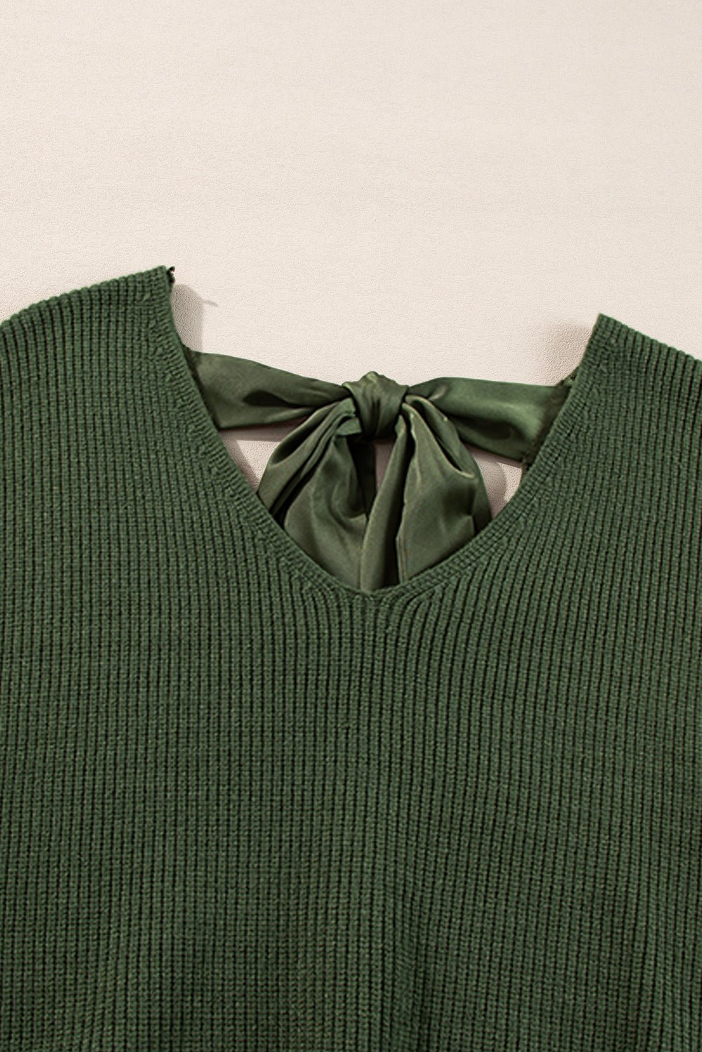 Jungle Green Lantern Sleeve V Neck Knot Back Sweater - MAD RUFFI