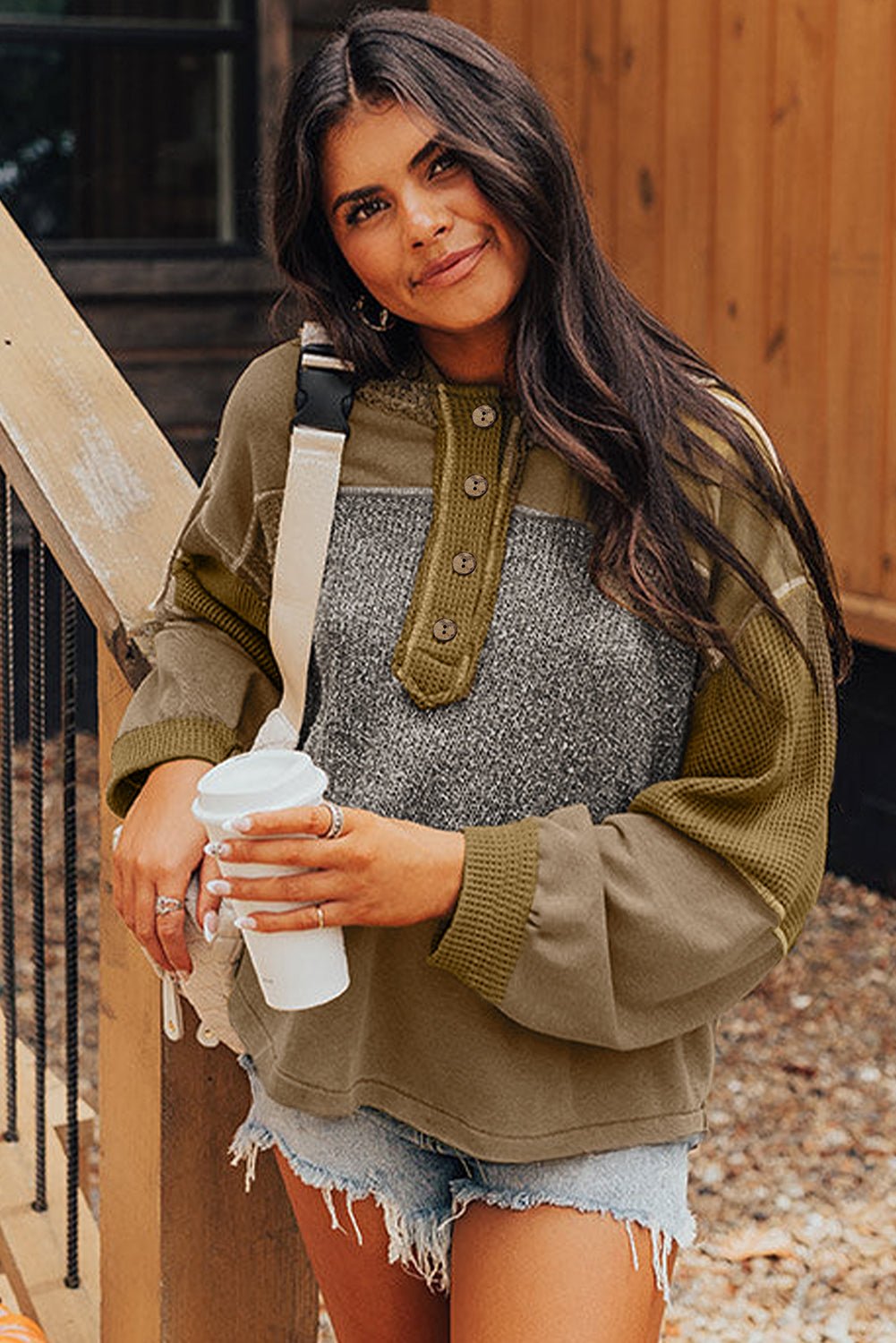 Jungle Green Mixed Texture Patchwork Exposed Seam Half Button Hooded Sweatshirt - MAD RUFFI