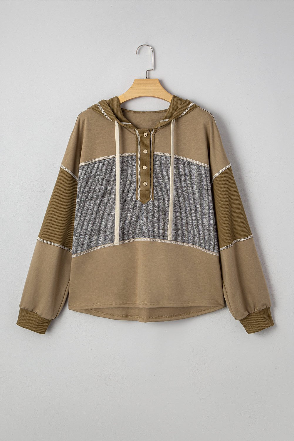 Jungle Green Mixed Texture Patchwork Exposed Seam Half Button Hooded Sweatshirt - MAD RUFFI