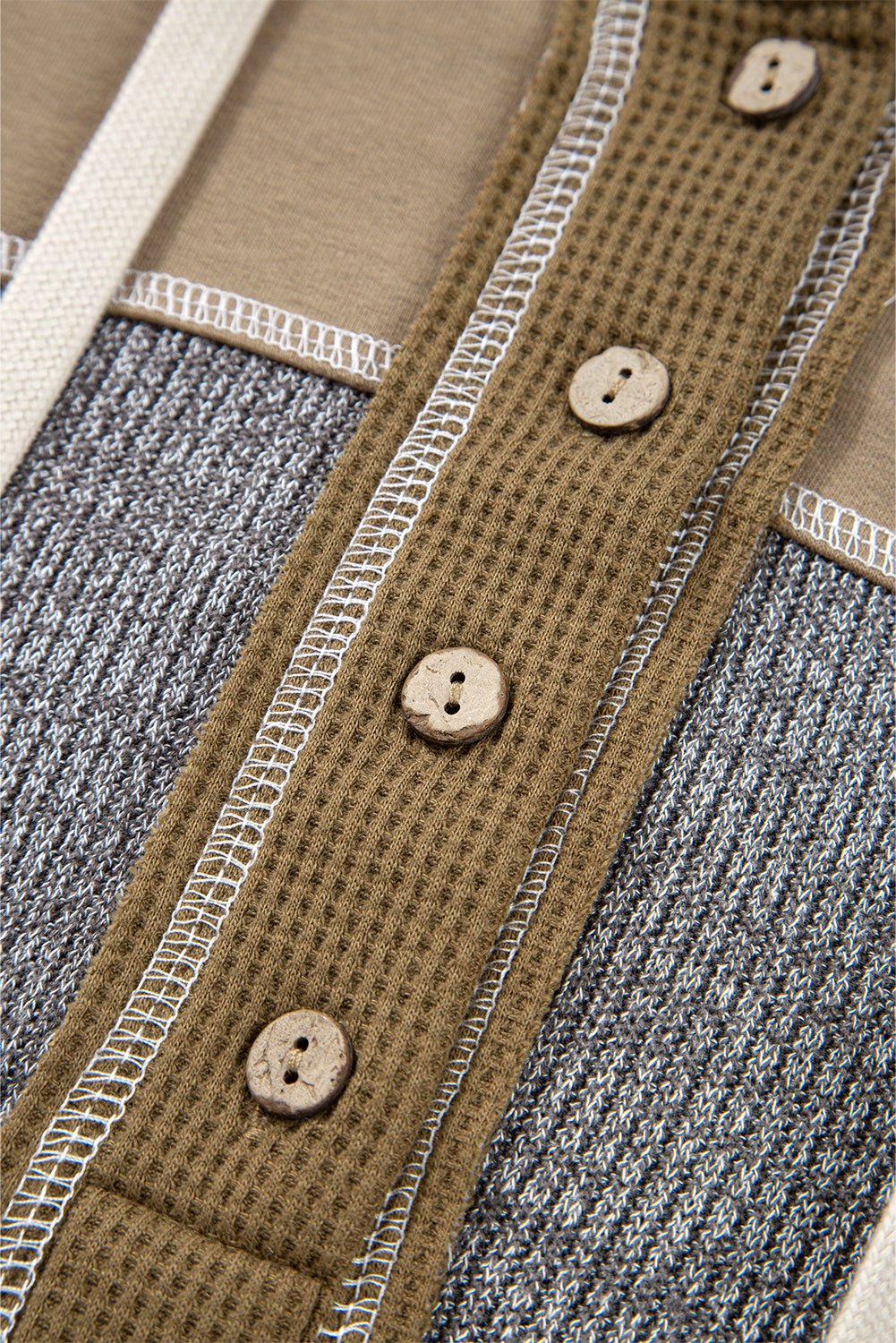 Jungle Green Mixed Texture Patchwork Exposed Seam Half Button Hooded Sweatshirt - MAD RUFFI