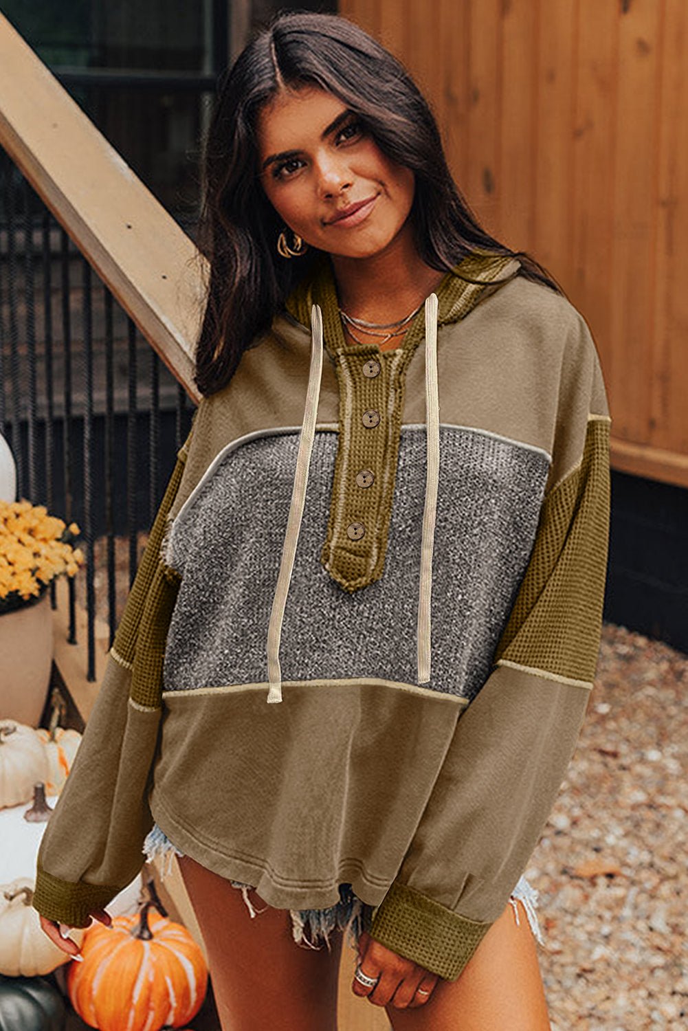 Jungle Green Mixed Texture Patchwork Exposed Seam Half Button Hooded Sweatshirt - MAD RUFFI