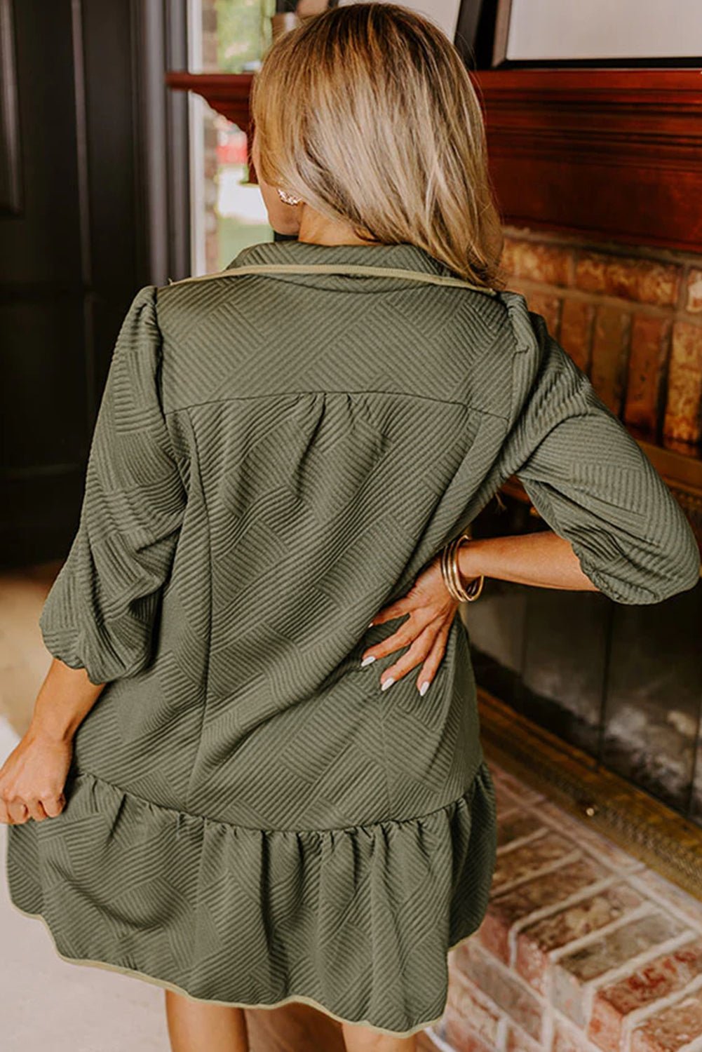 Jungle Green Quarter Zip Collar Bracelet Sleeve Textured Mini Dress - MAD RUFFI