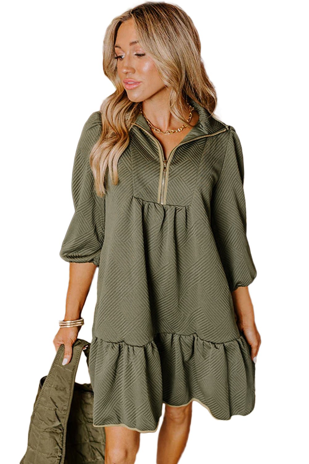Jungle Green Quarter Zip Collar Bracelet Sleeve Textured Mini Dress - MAD RUFFI