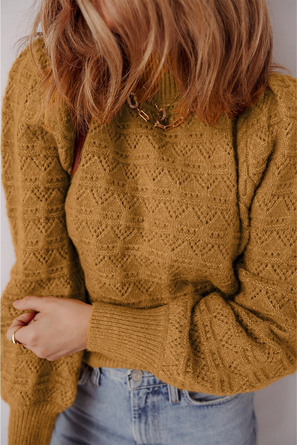 Jurassic Gold Hollow Out Crochet Ribbed Edge Balloon Sleeve Sweater - MAD RUFFI