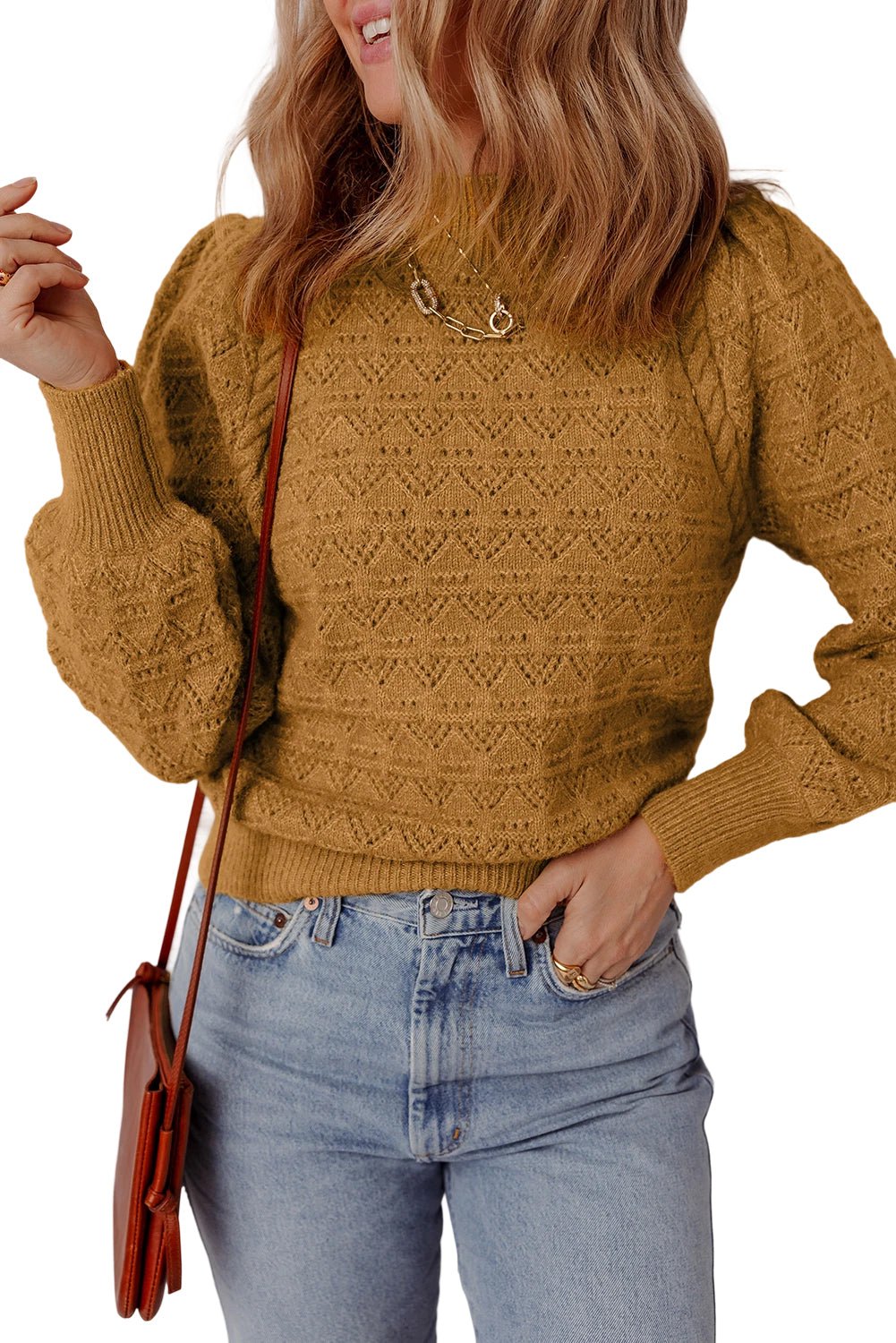 Jurassic Gold Hollow Out Crochet Ribbed Edge Balloon Sleeve Sweater - MAD RUFFI