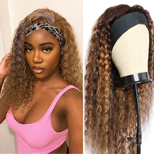 Highlight Ombre Headband Wig Deep Wave Human Hair Wigs Real Hair Wigs None Lace Front Wigs 150% Density Glueless 10A Brazilian Virgin Human Hair Headband Wigs 16Inch for Black Women Human Hair