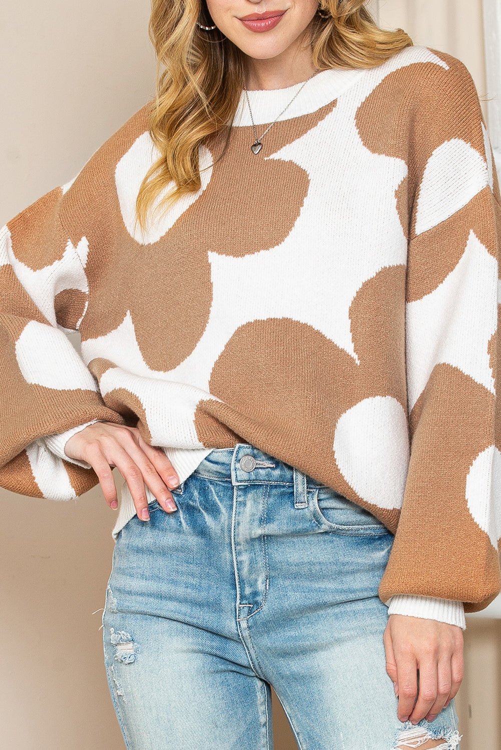 Khaki 60s Floral Pattern Ribbed Trim Pullover Sweater - MAD RUFFI