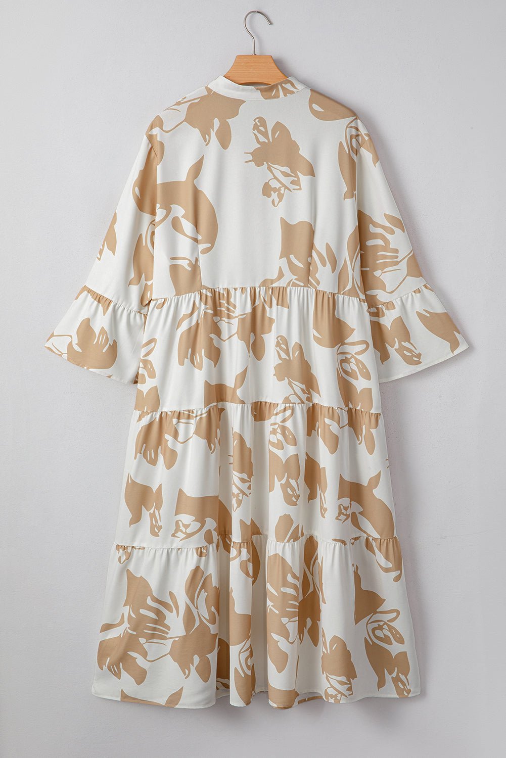 Khaki Abstract Print Ruffle Sleeve Tiered A - line Plus Size Long Dress - MAD RUFFI