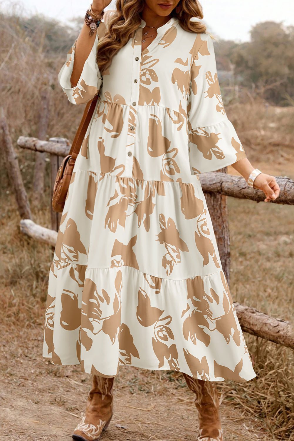 Khaki Abstract Print Ruffle Sleeve Tiered A - line Plus Size Long Dress - MAD RUFFI