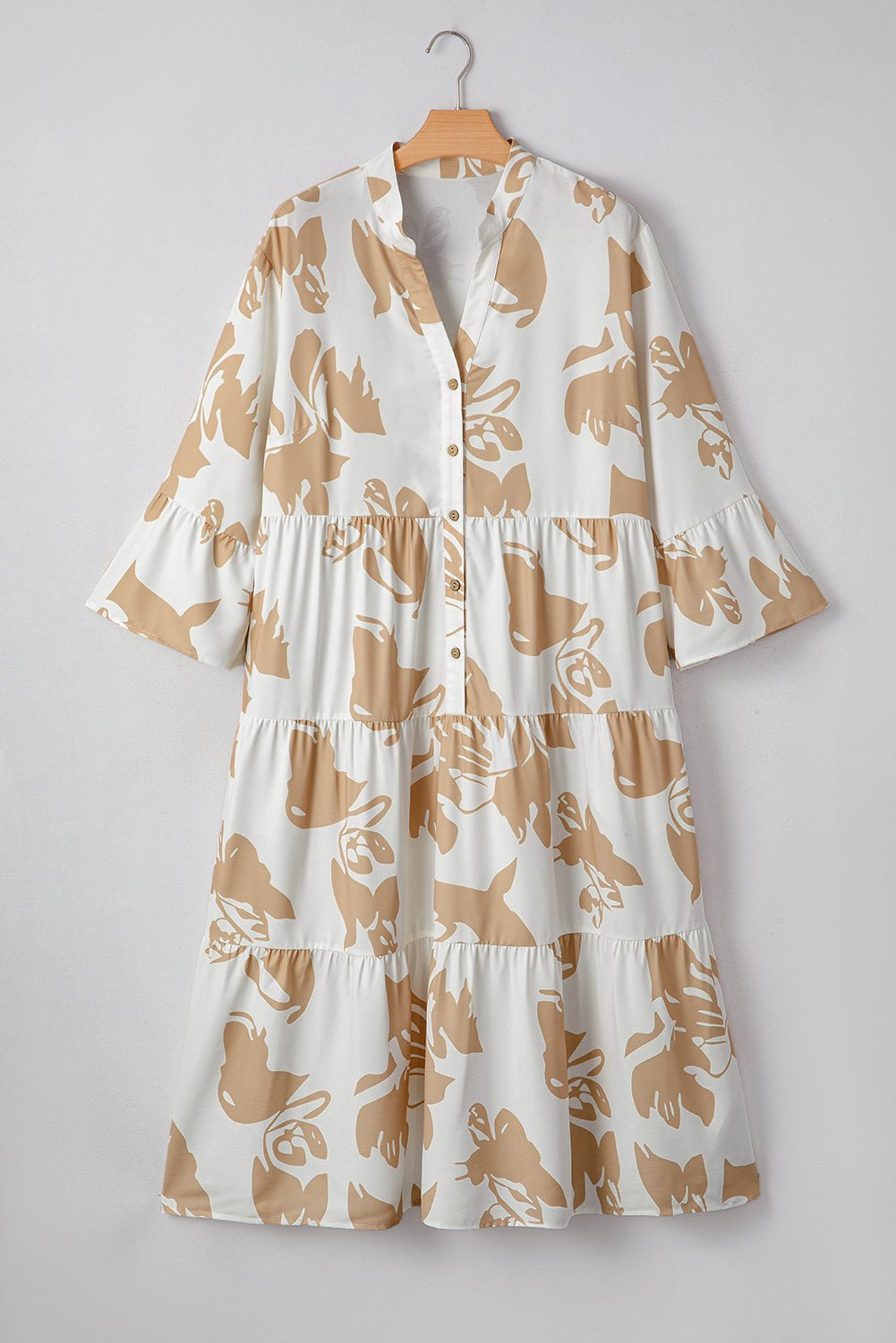 Khaki Abstract Print Ruffle Sleeve Tiered A - line Plus Size Long Dress - MAD RUFFI