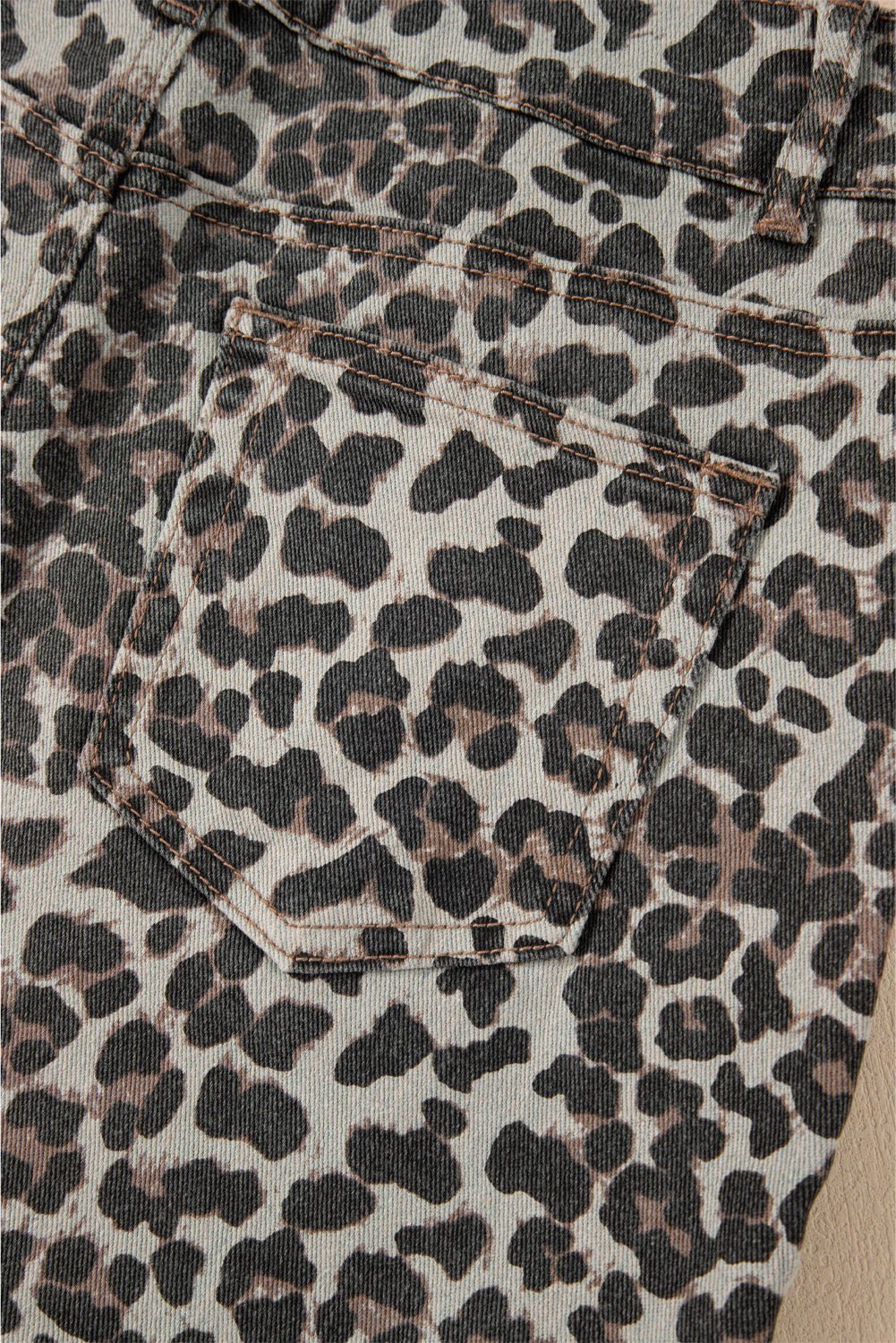 Khaki Allover Leopard Print Denim Mini Skirt - MAD RUFFI