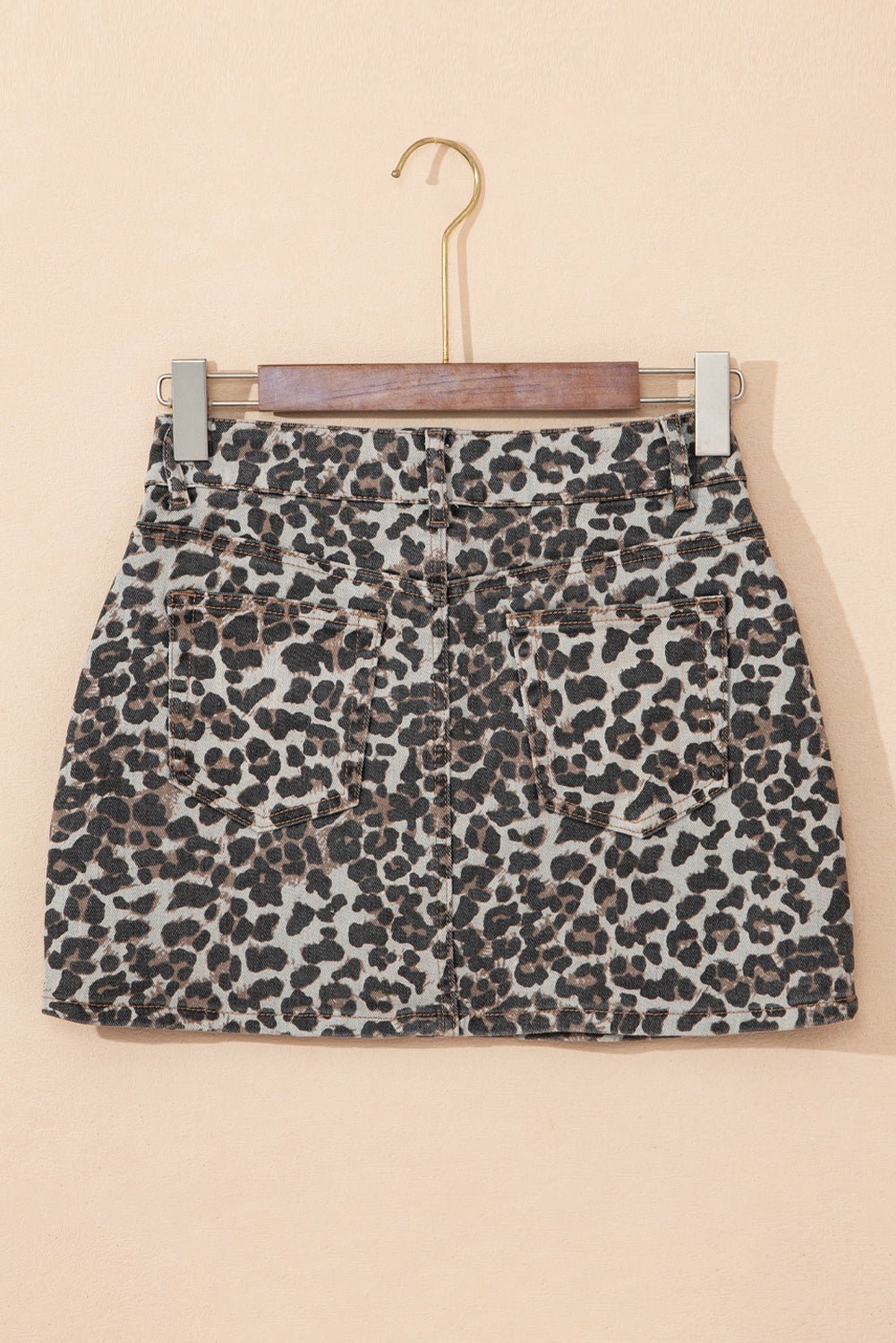 Khaki Allover Leopard Print Denim Mini Skirt - MAD RUFFI
