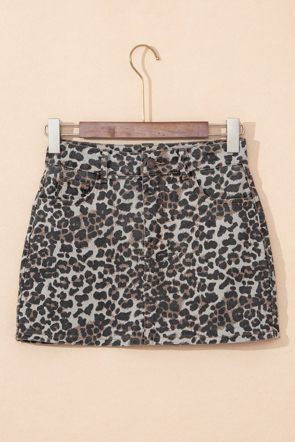 Khaki Allover Leopard Print Denim Mini Skirt - MAD RUFFI