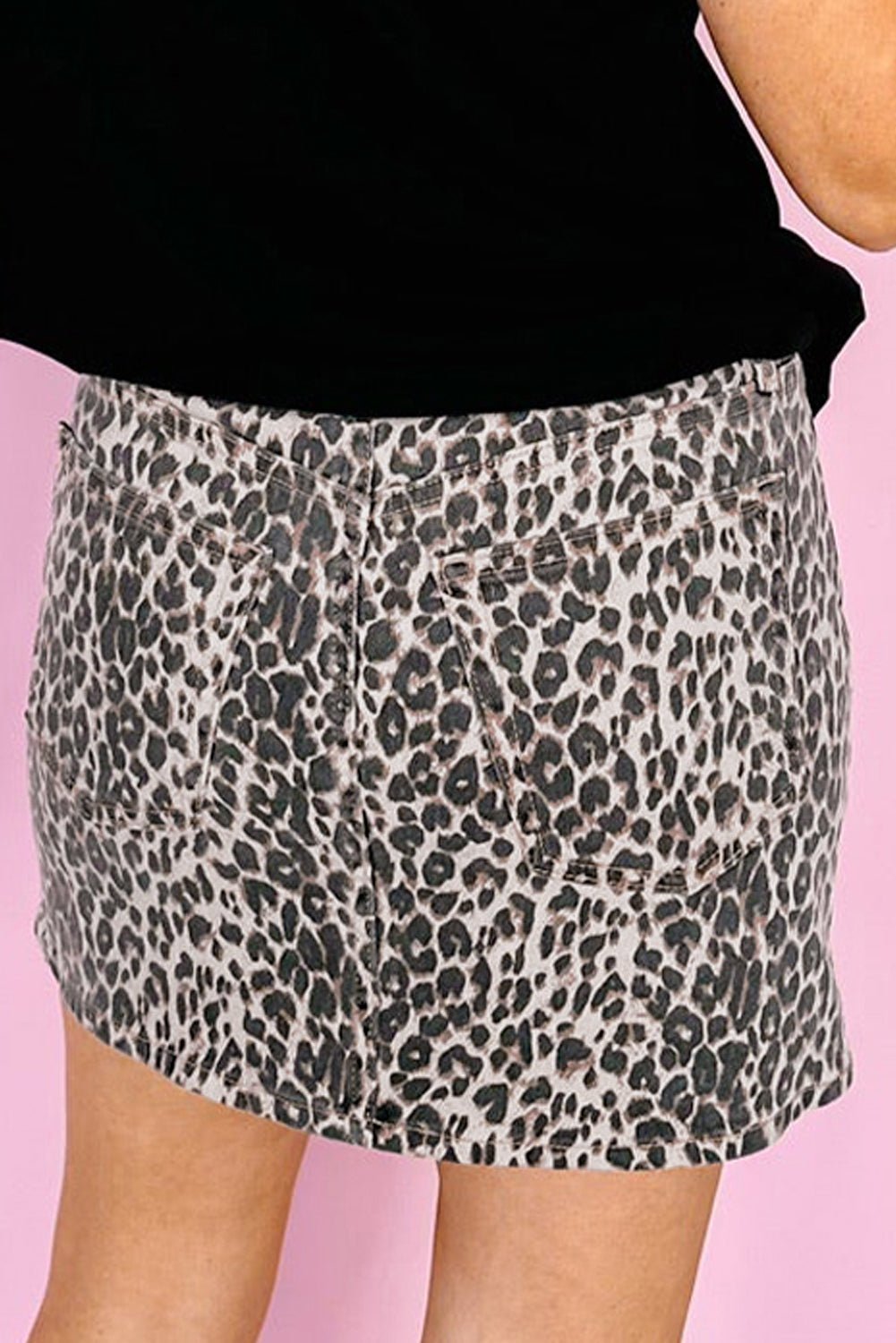 Khaki Allover Leopard Print Denim Mini Skirt - MAD RUFFI
