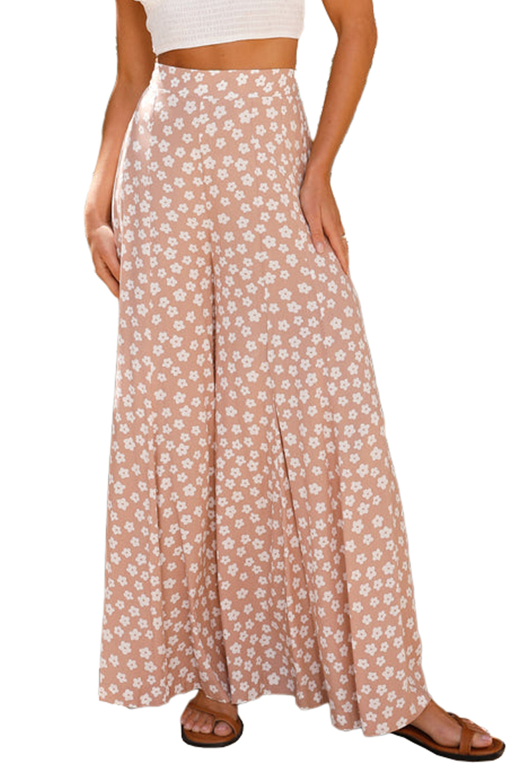 Khaki Boho Floral High Waist Wide Leg Flare Pants - MAD RUFFI