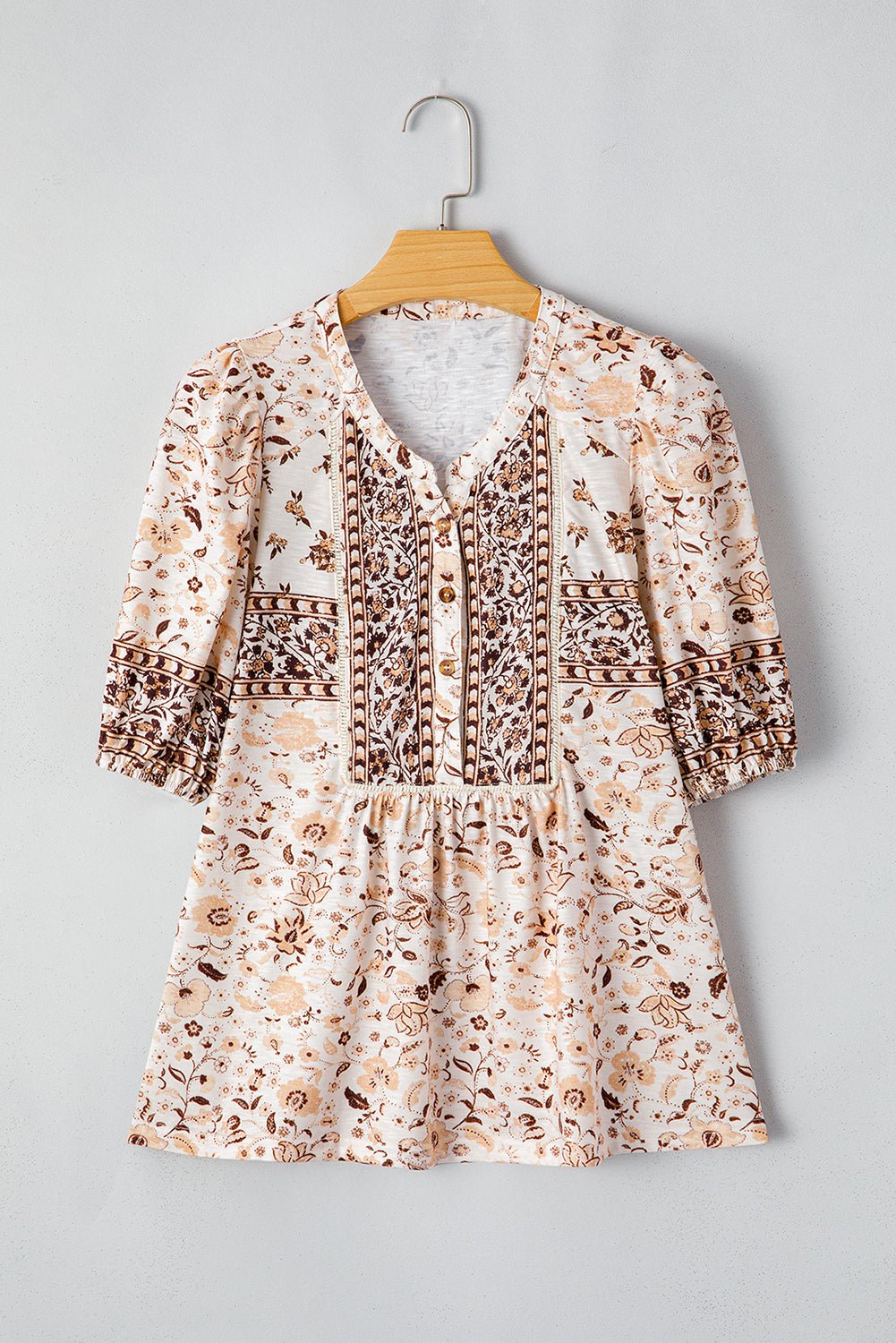 khaki boho floral print half placket short sleeve loose blouse - MAD RUFFI