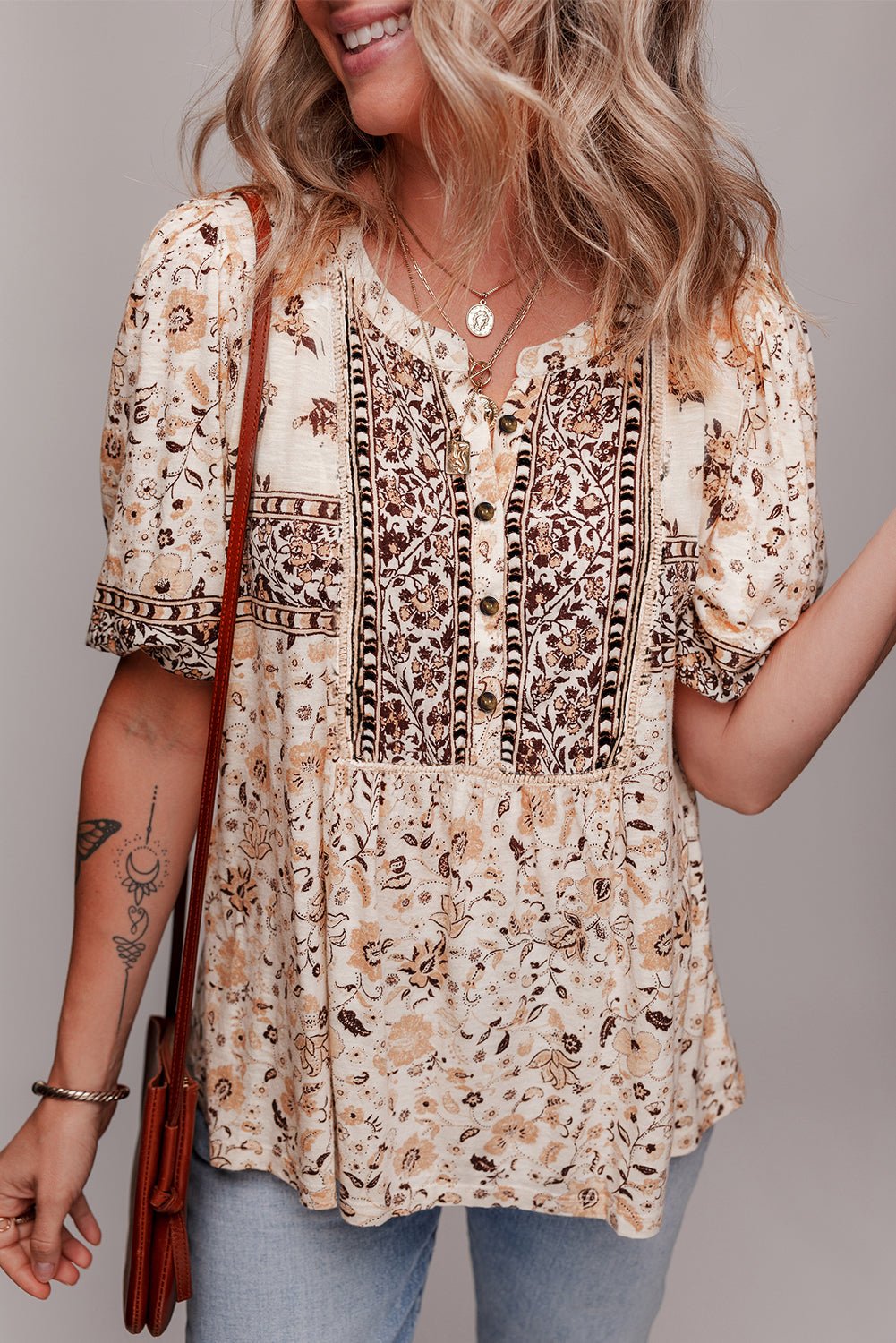 khaki boho floral print half placket short sleeve loose blouse - MAD RUFFI
