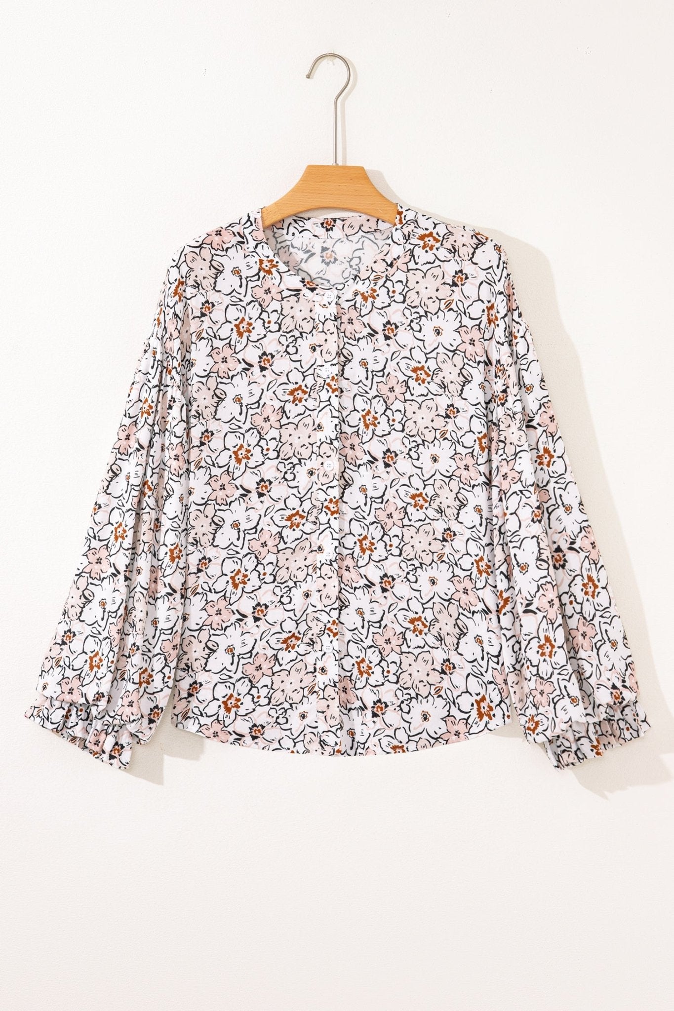 Khaki Bold Floral Print Frilled Puff Sleeve Button Down Shirt - MAD RUFFI