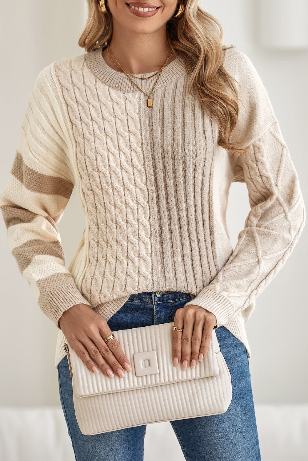 Khaki Cable Knit Colorblock Crew Neck Drop Shoulder Sweater - MAD RUFFI