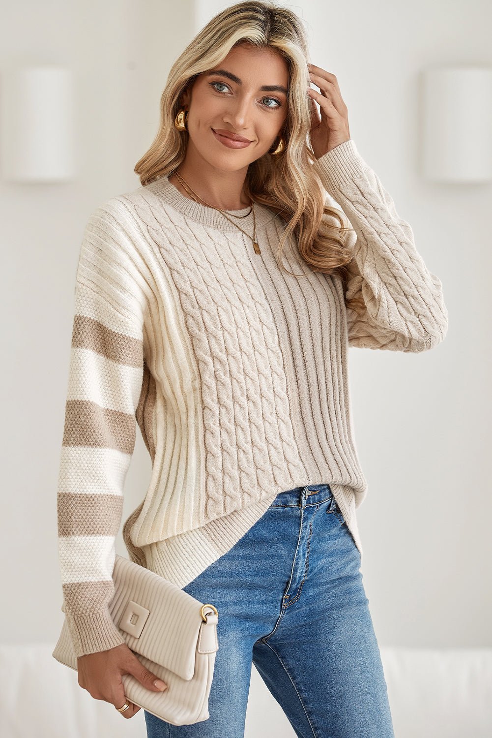 Khaki Cable Knit Colorblock Crew Neck Drop Shoulder Sweater - MAD RUFFI