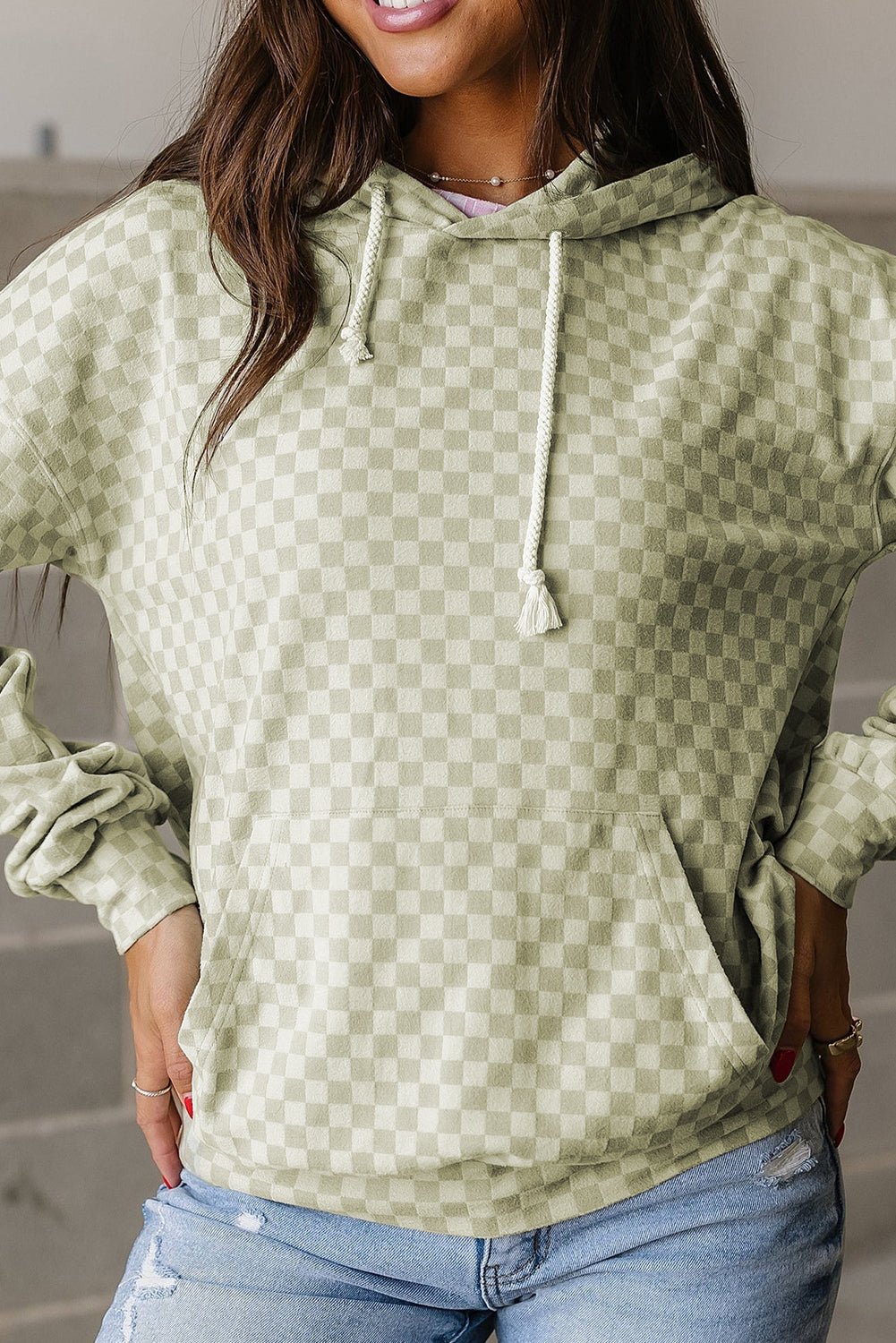 Khaki Checkered Kangaroo Pocket Hoodie - MAD RUFFI