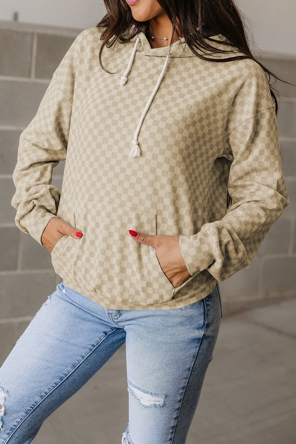 Khaki Checkered Kangaroo Pocket Hoodie - MAD RUFFI