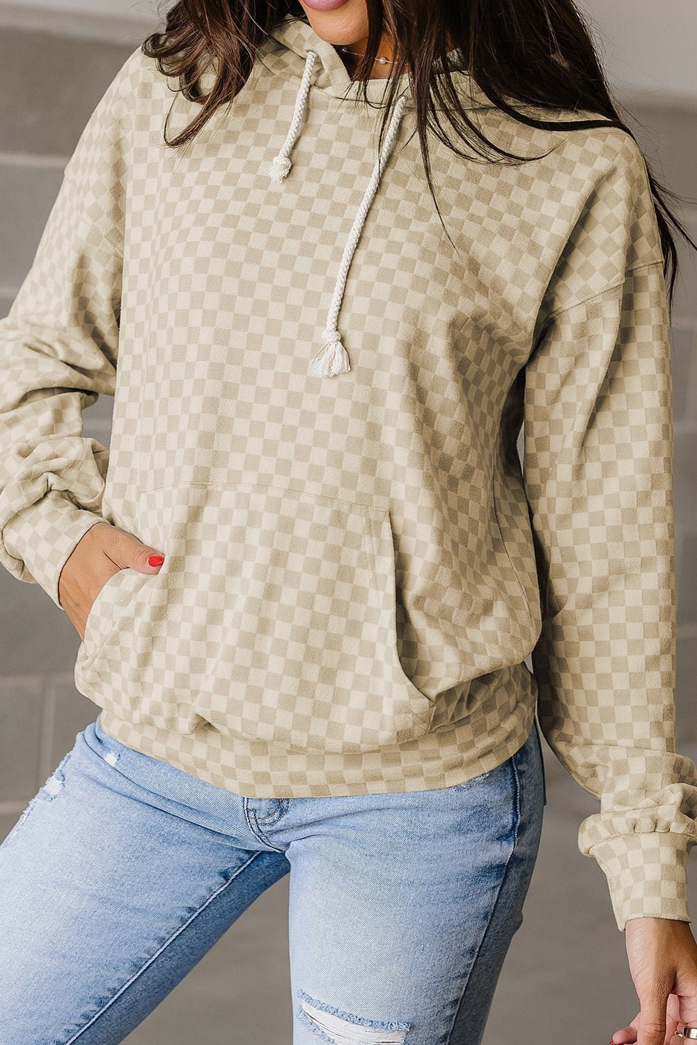 Khaki Checkered Kangaroo Pocket Hoodie - MAD RUFFI