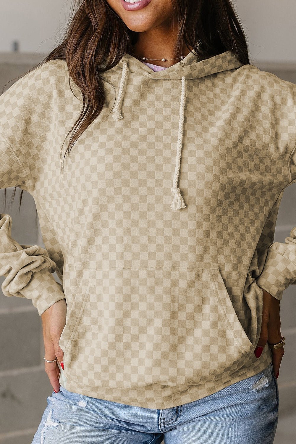 Khaki Checkered Kangaroo Pocket Hoodie - MAD RUFFI