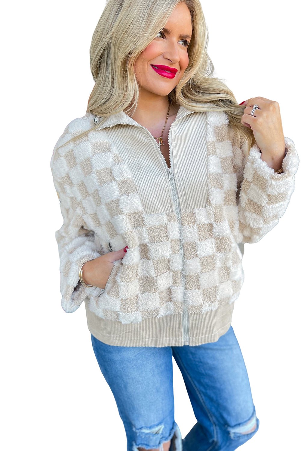 Khaki Checkered Sherpa Corduroy Patchwork Zip - up Collared Jacket - MAD RUFFI