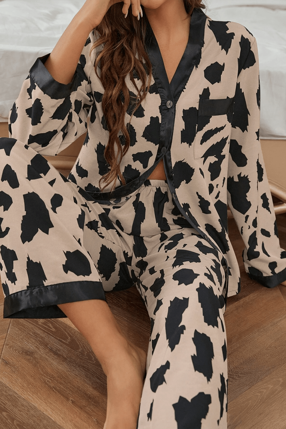 Khaki Cheetah Contrast Trim Loose Fit Two Piece Pants Set - MAD RUFFI