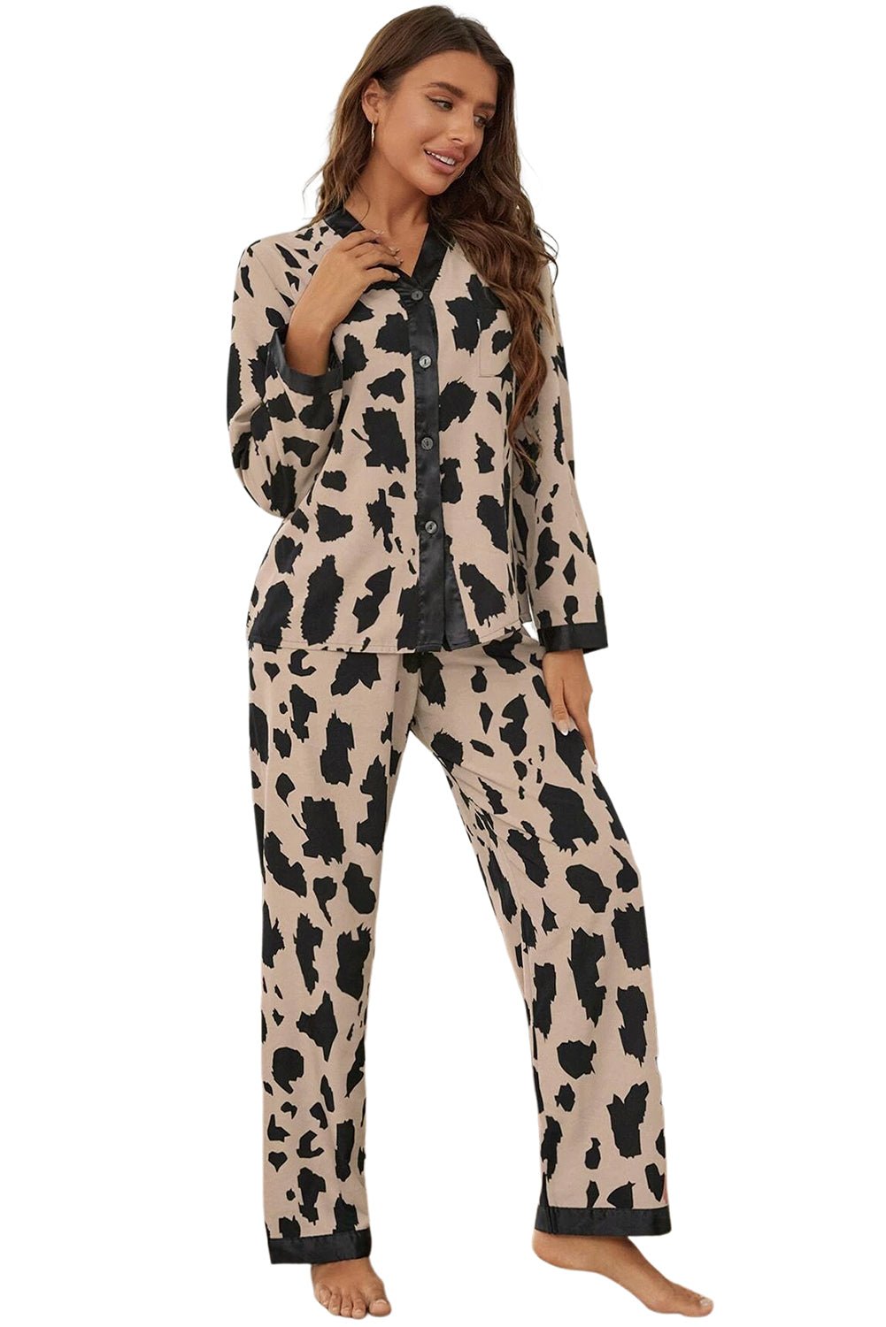 Khaki Cheetah Contrast Trim Loose Fit Two Piece Pants Set - MAD RUFFI