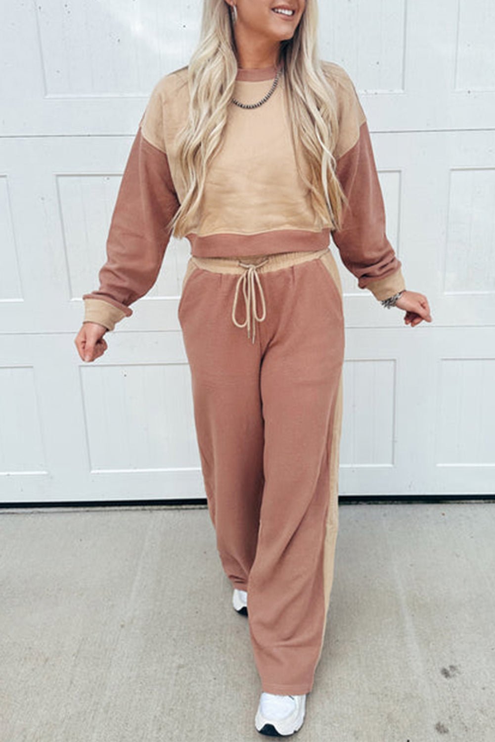 Khaki Color Block Long Sleeve Crop Top Drawstring Pant Set - MAD RUFFI